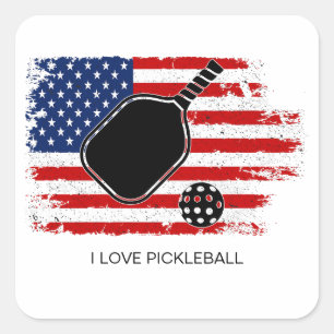 I Love Pickleball American Flag Personalized Square Sticker