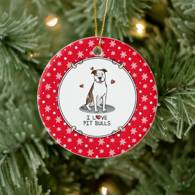 I Love Pit Bulls (lt brindle white 3) Hearts Cute Ceramic Ornament (Tree)