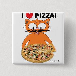 "I love pizza!" Moustache Cat Pizza Lovers 2 Inch Square Button