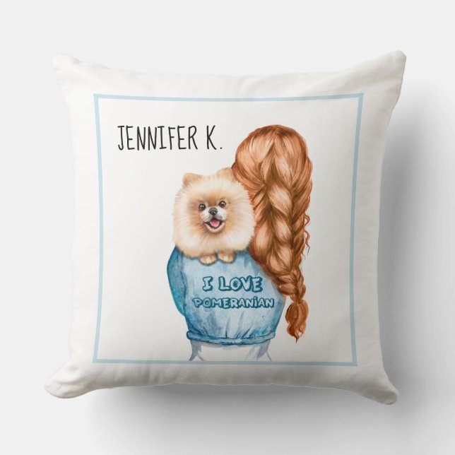 I love Pomeranian girl with puppy custom name Throw Pillow (Front)