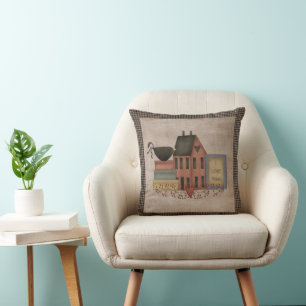 I Love Prims - Red Saltbox - Primitive Country Throw Pillow