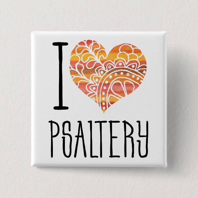 I Love Psaltery Orange Mandala Heart 2 Inch Square Button (Front)