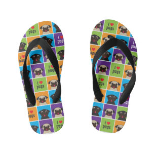 I Love Pugs Colour Squares Kid's Flip Flops