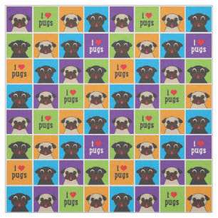I Love Pugs Colour Squares Large Pattern Fabric