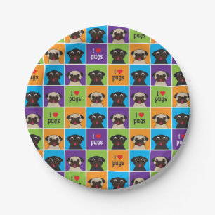 I Love Pugs Colour Squares Party Paper Plate
