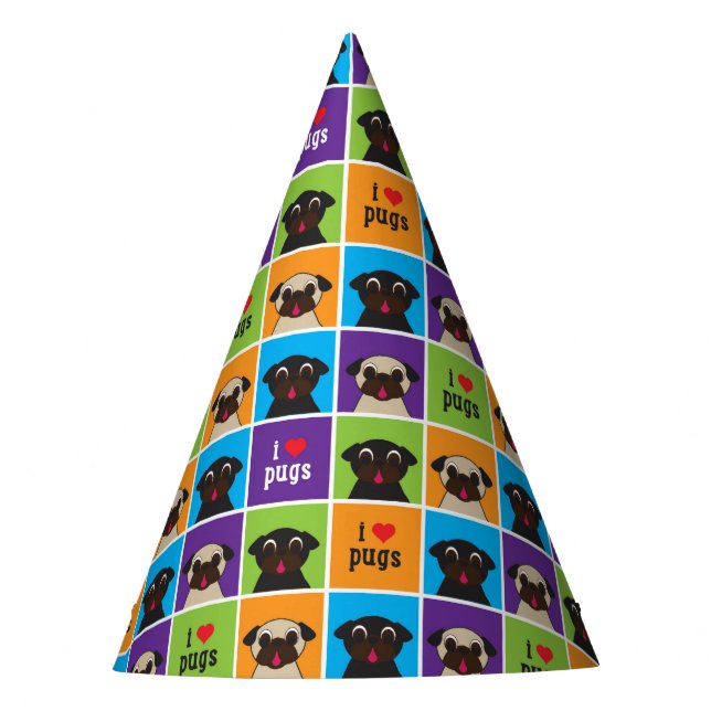 I Love Pugs Colour Squares Pattern Party Hat (Front)