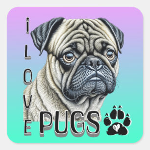 I Love Pugs Cute Dog Owners Square Sticker