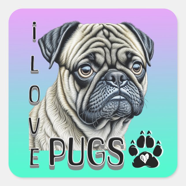I Love Pugs | Cute Dog Owners Square Sticker (Front)
