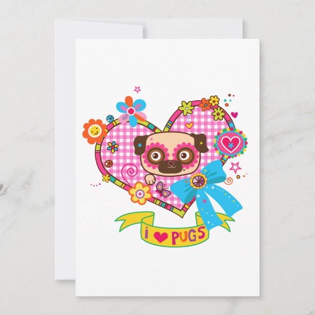 I Love Pugs! Flat Greeting Card (Front)