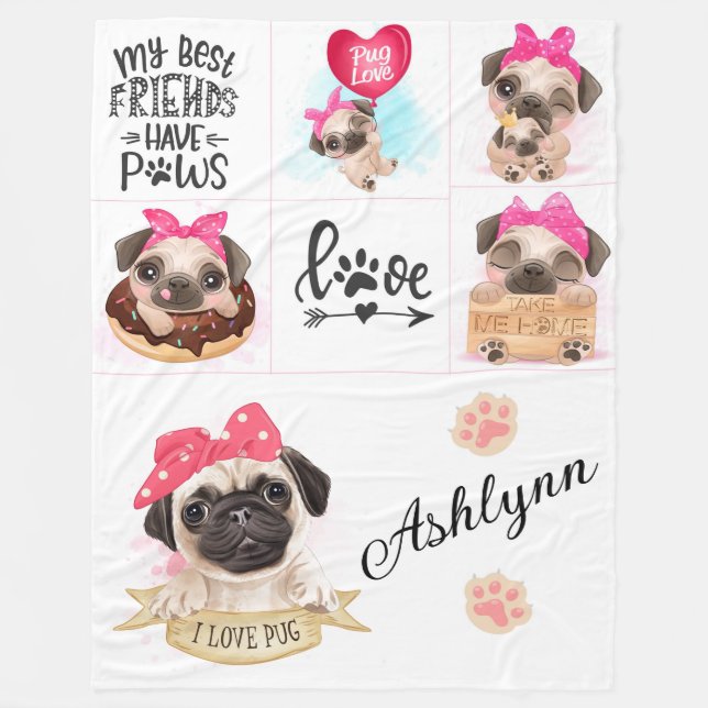 I Love Pugs Fleece Blanket (Front)