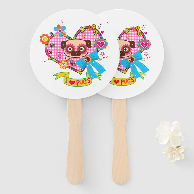 I Love Pugs! Hand Fans (Front and Back)