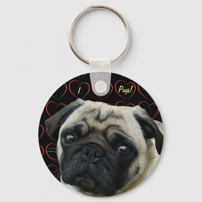 I Love Pugs with Hearts Keychain (Front)