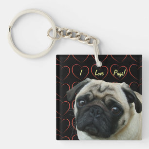 I Love Pugs with Hearts Keychain