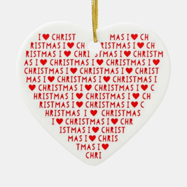 I Love Red Heart Shape Christmas Christ Holiday Ceramic Ornament (Front)