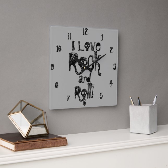 I Love Rock and Roll Skulls Black Gray Square Wall Clock (Office)