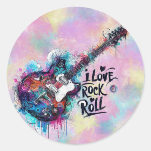 I Love Rock N Roll Electric Guitar Music Art Blue Classic Round Sticker