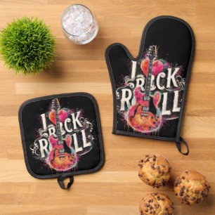I Love Rock N Roll Electric Guitar Painting Oven Mitt & Pot Holder Set