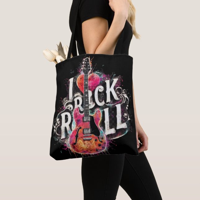 I Love Rock N Roll Electric Guitar Painting Tote Bag (Close Up)