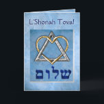 I Love Rosh Hashona Holiday Card<br><div class="desc">Elegant and Beautiful,  this Rosh Hashona card features an original digital painting by  Leslie Sigal Javorek that depicts a Star of David formed by a silvery triangle and an interlocking golden heart,  set againsts a pearly blue background.</div>