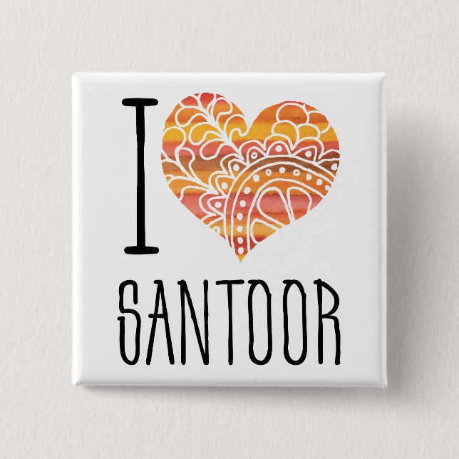 I Love Santoor Orange Mandala Heart 2 Inch Square Button (Front)