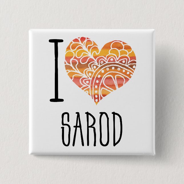 I Love Sarod Orange Mandala Heart 2 Inch Square Button (Front)
