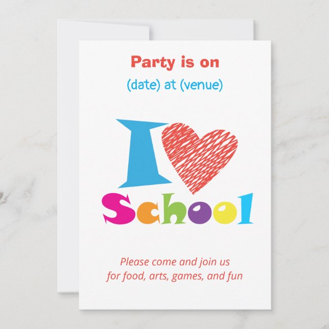 I Love School. Back to School Cartoon Graduation Invitation (Front)