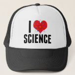 I Love Science Cool Scientist Atom Model Trucker Hat<br><div class="desc">Cute I Love Science hat customized with your name. Features an atom model in front of the heart. Perfect geek gift for a science teacher.</div>