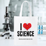 I Love Science Personalized Scientist Atom Model Reusable Grocery Bag<br><div class="desc">Cute I Love Science reusable grocery bag customized with your name. Features an atom model in front of the heart. Perfect geek gift for a science teacher.</div>