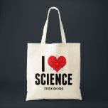I Love Science Personalized Scientist Atom Model Tote Bag<br><div class="desc">Cute I Love Science tote bag monogrammed with your name. Features an atom model in front of the heart. Perfect geek gift for a science teacher.</div>
