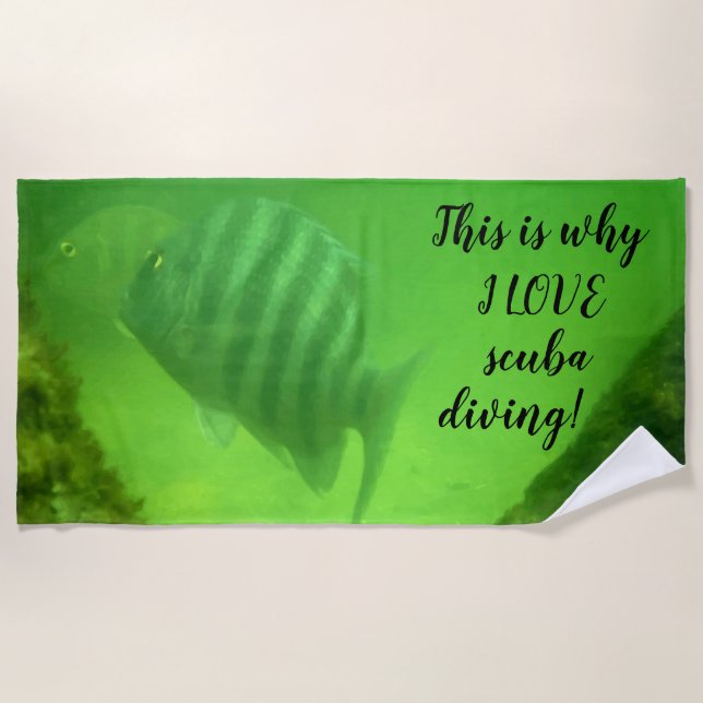 I LOVE scuba diving Fun Underwater Fish Photo Beach Towel (Front)