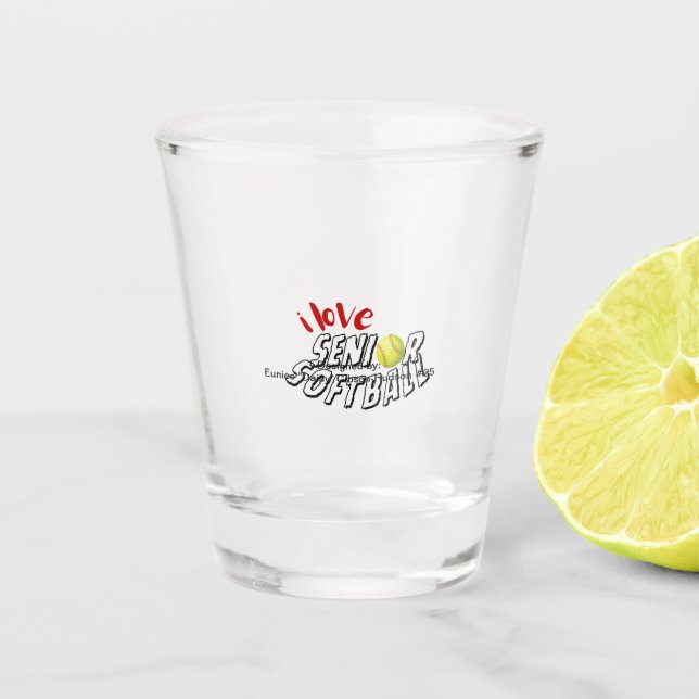 I Love Senior Softball Bottle Cooler Shot Glass (Front)