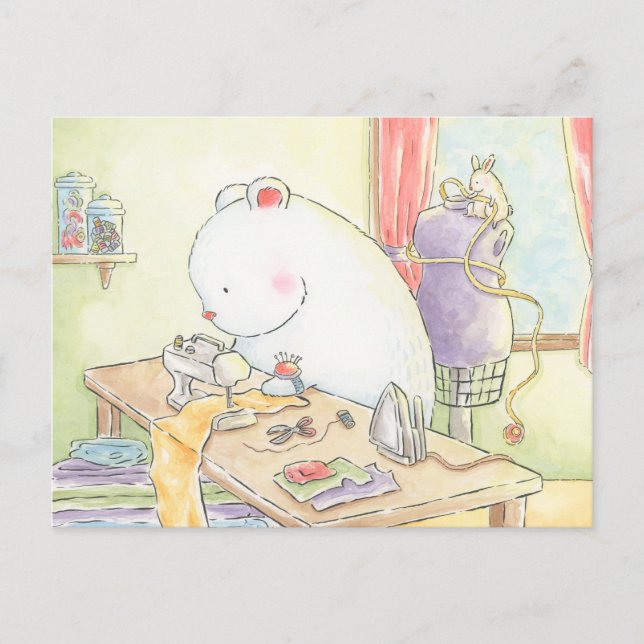 I love sewing polar bear bunny watercolour postcard (Front)