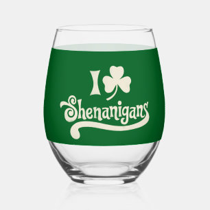 I Love Shenanigans Clover Shamrock St Patrick's Stemless Wine Glass