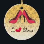 I Love Shoes Christmas Ornament<br><div class="desc">This ceramic "I Love Shoes" Christmas ornament has a vintage look with the damask background and the red stilettos. It's perfect for the woman who loves to shop for shoes.</div>
