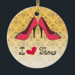 I Love Shoes Christmas Ornament<br><div class="desc">This ceramic "I Love Shoes" Christmas ornament has a vintage look with the damask background and the red stilettos. It's perfect for the woman who loves to shop for shoes.</div>