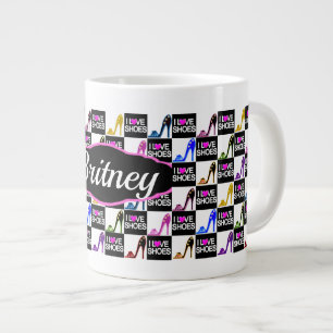 I LOVE SHOES, STILETTOS, HIGH HEELS PERSONALIZED LARGE COFFEE MUG