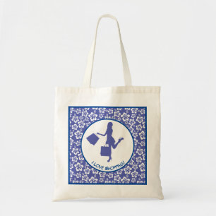 I Love Shopping Colourful Blue Floral Pattern Tote Bag