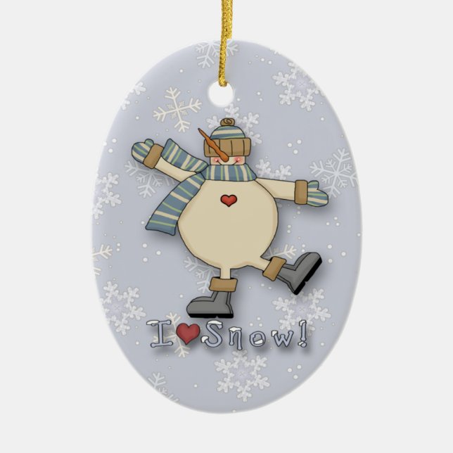 I Love Snow Snowman Ceramic Ornament (Front)