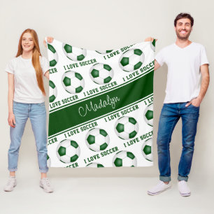 I love soccer text pattern girls green white fleece blanket