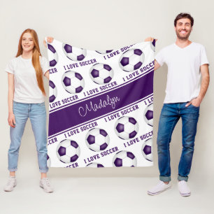 I love soccer text pattern girls purple white fleece blanket