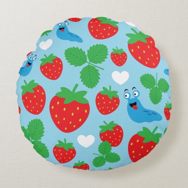 I Love Strawberries Seamless Pattern Round Pillow (Front)