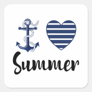 I Love Summer, Anchor And Heart Square Sticker
