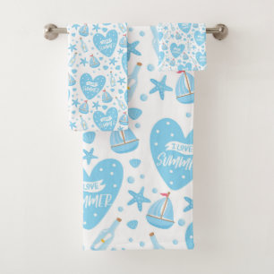 I Love Summer Baby Blue Sailboat, Ocean, Sea Life  Bath Towel Set