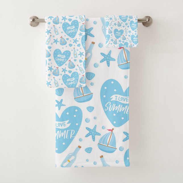I Love Summer Baby Blue Sailboat, Ocean, Sea Life  Bath Towel Set (Insitu)