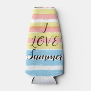 I LOVE Summer Pink Yellow Blue Watercolor Stripes Bottle Cooler