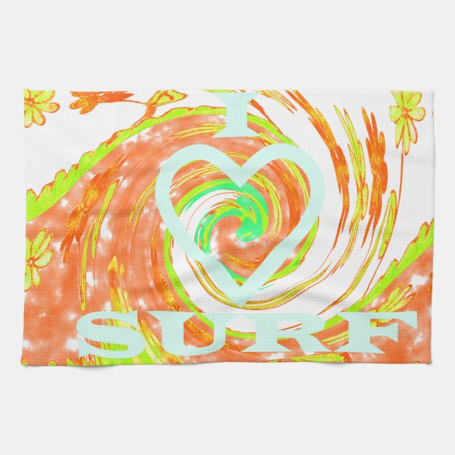 I Love Surf: Beautiful Floral with Cool Text Art  Kitchen Towel (Horizontal)