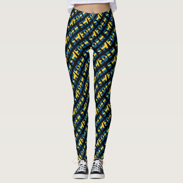 I Love Sweden Flag Colours Typography Pattern Cute Leggings (Front)
