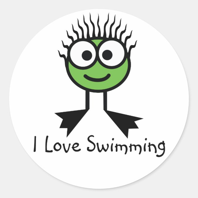 I Love Swimming - Green CharacterStickers Classic Round Sticker (Front)