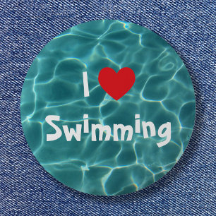 I Love Swimming Red Heart with Aqua Pool Water 2 Inch Round Button