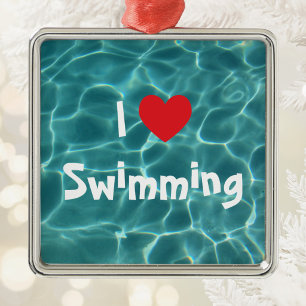I Love Swimming Red Heart with Aqua Pool Water Metal Ornament